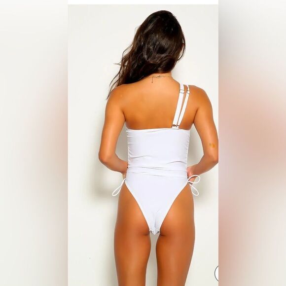 WHITE ONE SHOULDER DOUBLE STRAP ONE PIECE SWIMSUIT - Picture 3 of 8